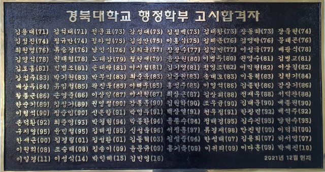경북대 행정학부는 학부 창설 50주년을 기념해 행정고시 98명을 비롯해 사법고시(7명), 입법고시(6명), 외무고시(1명) 등에 합격한 졸업생이 116명의 이름이 새겨진 동판을 만들었다. 경북대 제공