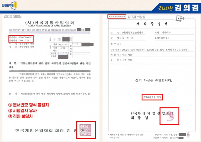 김의겸 열린민주당 의원이 16일 제시한 한국게임산업연합회 공문(왼쪽)과 같은 시기 김건희 씨 재직증명서. 열린민주당 제공
