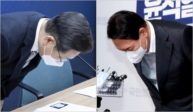 더불어민주당 이재명 대선 후보가 지난 16일 서울 여의도 중앙당사에서 열린 사회대전환위원회 출범식이 끝난 뒤 아들이 불법 도박을 했다는 의혹 보도와 관련해 사과하며 고개를 숙이고 있다. (사진 왼쪽) 국민의힘 윤석열 대선 후보가 지난 17일 서울 여의도 당사에서 배우자 김건희씨를 둘러싼 각종 논란과 관련해 