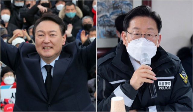 국민의힘 윤석열 대선 후보가 30일 오후 한국전쟁 최대 격전지였던 경북 칠곡군 다부동 전적기념관을 방문해 참배한 뒤 지지자들을 향해 인사하고 있다(사진 왼쪽), 더불어민주당 이재명 대선 후보가 30일 인천해양경찰서 전용부두에 위치한 서해5도 특별경비단을 방문해 간담회를 하고 있다. 연합뉴스