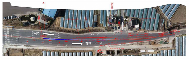 성주군 성주읍 금산2리 앞 도로 개선도. 4차로 중 성주방향 한 차로를 줄여 좌회전 전용차선을 설치한다. 경북도 제공