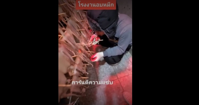 태국인으로 추정되는 근로자가 건조 중인 오징어를 뜯어먹고 있다. 온라인 커뮤니티 캡쳐
