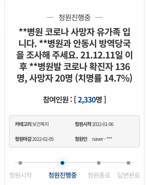 안동지역 한 종합병원에 입원했다 코로나19에 확진된 뒤 돌아가신 환자의 자녀가 쓴 청와대 국민청원 청원글. 청와대 국민청원 캡처
