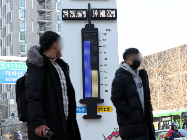 12일 서울 광진구의 한 교차로에 코로나19 백신 접종률이 온도탑 형태로 표시되고 있다. 연합뉴스