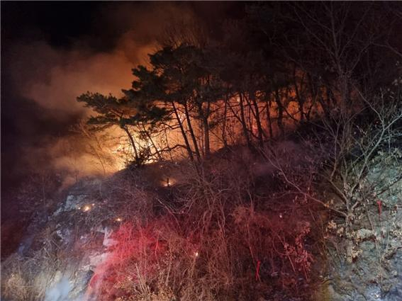 12일 오후 8시 47분쯤 경북 안동시 남후면 광음리 자암산에서 산불이나 당국이 진화 중이다. 산림 당국은 소방관 25명, 안동시 산불진화대 40명, 소방차 11대 등을 투입해 불을 끄고 있다. 연합뉴스