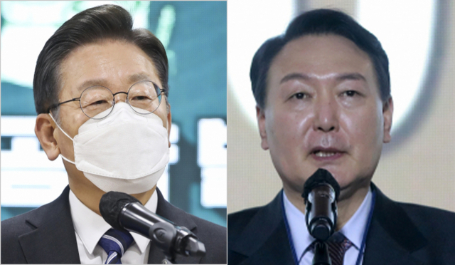 더불어민주당 이재명 대선 후보가 25일 오전 경기도 포천시 포천시농업기술센터에서 농업 공약을 발표하고 있다. (사진 왼쪽)/ 국민의힘 윤석열 대선후보가 25일 오후 서울 송파구 올림픽공원 SK핸드볼 경기장에서 열린 2022 대한민국체육인대회에서 축사하고 있다. 연합뉴스
