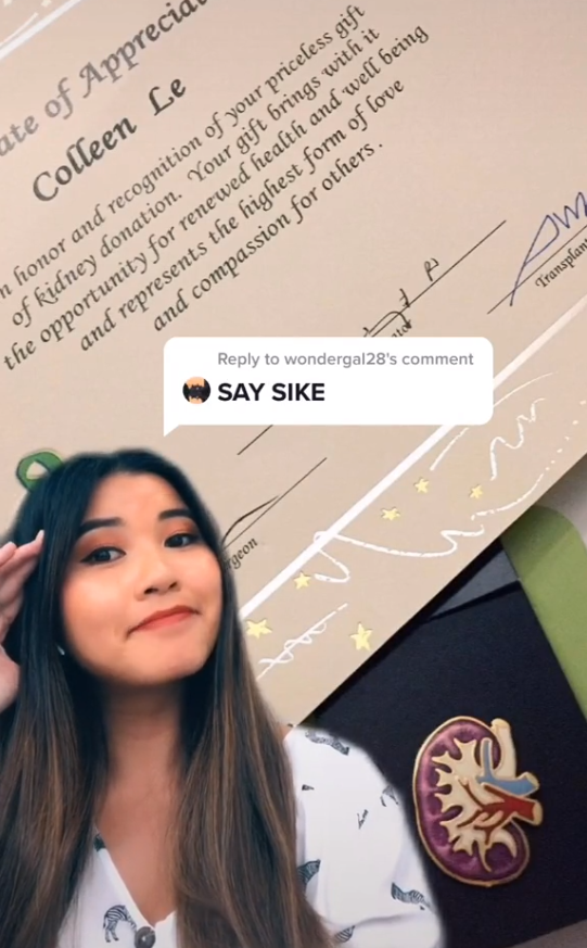 콜린 르(30)가 틱톡(tiktok)에서 공개한 장기 기증 증서. 사진 틱톡 colleeeniie 캡처