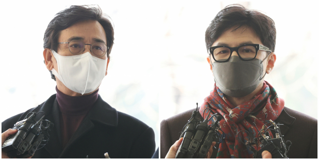27일 서울서부지방법원에서 열린 유시민 전 노무현재단 이사장의 재판에 유 이사장(왼쪽사진)과 증인으로 출석한 한동훈 사법연수원 부원장(오른쪽사진)이 각각 출석하며 취재진의 질문에 답하고 있다. 연합뉴스