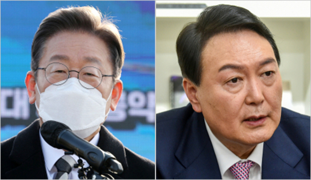 이재명 더불어민주당 대선후보가 지난달 27일 광주시 광산구 광주공항에서 광주·전남 공동 공약을 발표하고 있다. 연합뉴스(왼쪽 사진) / 윤석열 국민의힘 대선후보가 지난달 24일 서울 여의도 국민의힘 중앙당사에서 한국지방신문협회 취재진들과 인터뷰 하고 있다. 사진공동취재단