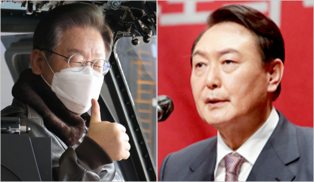 더불어민주당 이재명 대선후보가 28일 경기도 김포시 해병대 2사단 항공부대를 방문, 마린온 헬기에 타고 엄지손가락을 들어 보이고 있다. (사진 왼쪽) /국민의힘 윤석열 대선 후보가 28일 서울 마포구 상암동 누리꿈스퀘에서 열린 혁신벤처단체협의회 주최 