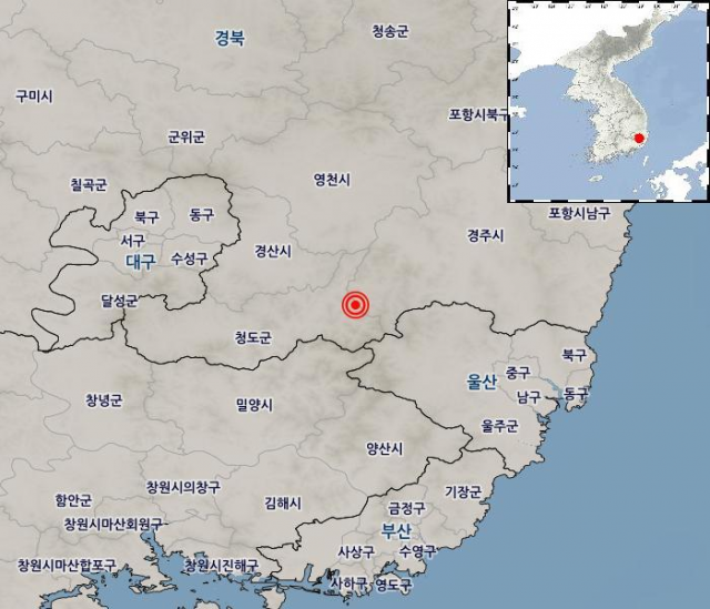 기상청은 2일 오후 12시 4분 55초쯤 경북 청도군 동북동쪽 24km 지역에서 규모 2.4(±0.2)의 지진이 발생했다고 밝혔다. 진앙은 북위 35.72도, 동경 128.99도로 지진 발생 깊이는 19km로 측정됐다. 기상청 제공