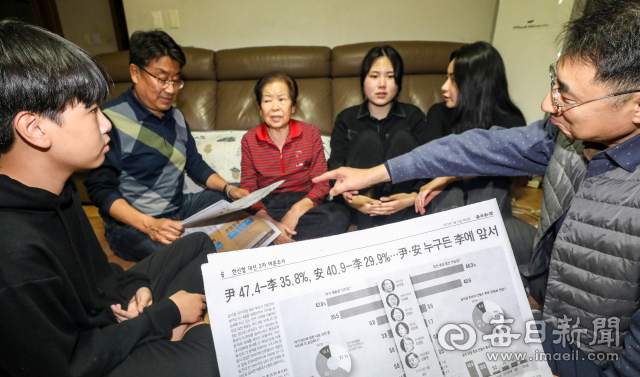 1일 대구 북구의 한 주택에서 가족들이 매일신문에서 보도한 한신협 대선 여론조사 기사를 보며 대통령선거, 대구 중남구 국회의원 보궐선거 등에 대해 이야기를 나누고 있다. 안성완 기자 asw0727@imaeil.com