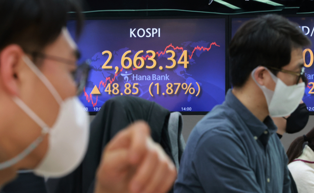 지난달 28일 오후 서울 중구 을지로 하나은행 본점 딜링룸 현황판에 코스피 종가가 표시돼 있다. 이날 코스피는 전장보다 48.85포인트 오른 2,663.34로 종료했다. 연합뉴스