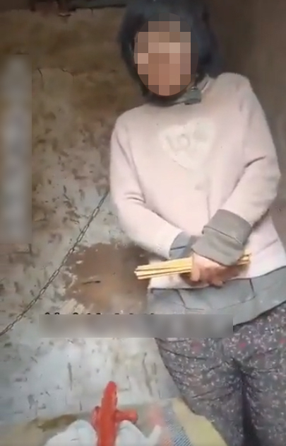 지난달 26일 중국의 한 사회 블로거에 의해 장쑤성의 한 마을에 위치한 낡은 판잣집에서 쇠사슬에 묶인 채 감금돼 있던 여성 한 명이 발견됐다. 사진 트위터 GundamNorthrop 캡처