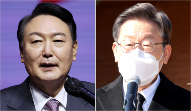 국민의힘 윤석열 대선 후보가 6일 오후 광주 서구 김대중컨벤션센터에서 열린 광주선대위 필승결의대회에서 발언하고 있다.(왼쪽 사진)/ 더불어민주당 이재명 대선 후보는 6일 경남 김해 봉하마을에서 고(故) 노무현 전 대통령 묘소를 참배한 뒤 