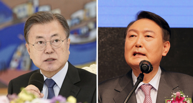 왼쪽부터 문재인 대통령, 윤석열 국민의힘 대선 후보. 연합뉴스