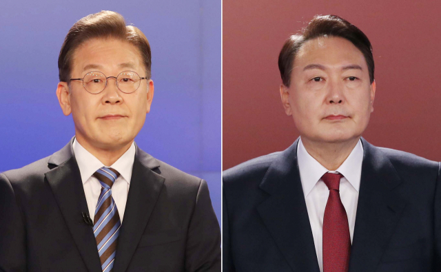 더불어민주당 이재명 대선후보(왼쪽)와 국민의힘 윤석열 대선후보가 11일 오후 서울 중구 매경미디어센터에서 열린 한국기자협회 주최 방송 6개사 공동 주관 2022 대선후보 초청 토론회 시작에 앞서 리허설하고 있다. 연합뉴스