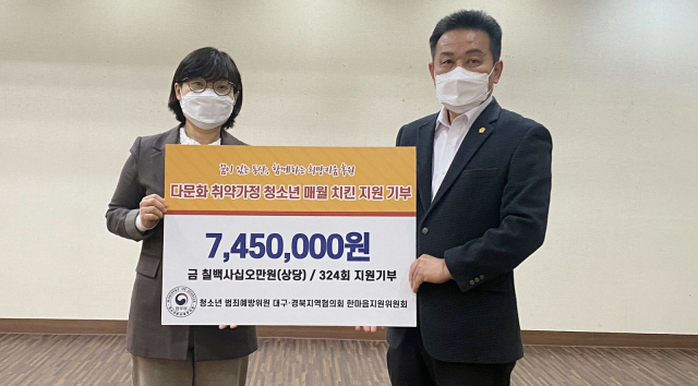 구 수성구(구청장 김대권)는 지난 11일 법무부 청소년 범죄예방위원 대구·경북지역협의회 한마음지원위원회(실무부위원장 정문교)의 후원으로 다문화 취약가정 청소년 27명에게 매달 1회 12개월(총 324회, 745만원 상당) 통닭을 지원하는 기부 전달식 후 기념촬영 하고 있다.(왼쪽부터 정순화 수성구가족센터장 , 정문교 한마음지원위원회 실무부위원장)