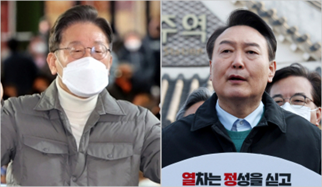 더불어민주당 이재명 대선후보가 13일 제주도 서귀포시 매일올레시장에서 즉석연설을 통해 지지를 호소하고 있다. (사진 왼쪽)/ 국민의힘 윤석열 대선 후보가 12일 오전 전주역에서 공약홍보 