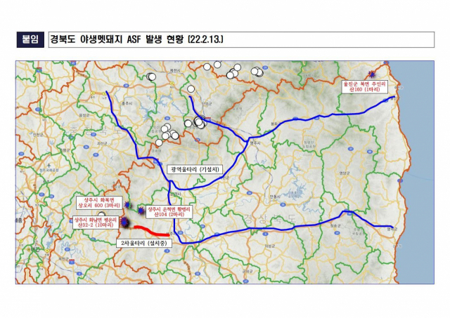 경북지역 야생멧돼지 ASF 발생 현황. 경북도 제공
