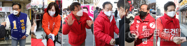 15일 대구 중구남구 국회의원 보궐선거에 출마한 더불어민주당 백수범·국민의당 권영현·무소속 도태우·주성영·임병헌·도건우 후보(왼쪽부터)가 지역구를 돌며 유권자들에게 지지를 부탁하고 있다. 정운철 기자 woon@imaeil.com