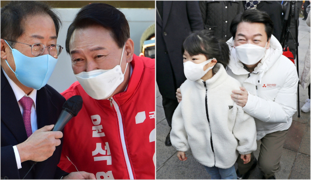 제20대 대통령 선거 공식 선거운동이 시작된 15일 국민의힘 윤석열 대선 후보가 동대구역을 찾아 유세를 하고 있다. 안성완 기자 (사진왼쪽)/ 국민의당 안철수 대선후보가 15일 오전 대구 중구 반월당역 인근에서 첫 유세에 나서며 어린이와 사진을 찍고 있다. 김영진 기자