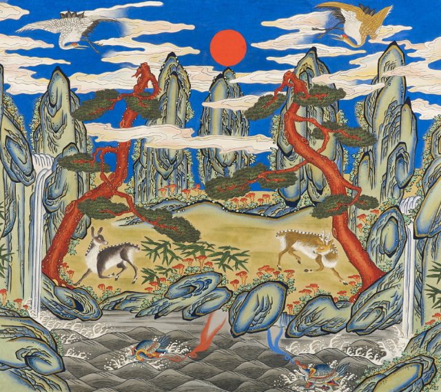 손미정, 오봉장생도, 70x70cm, 순지에 수간분채, 봉채.