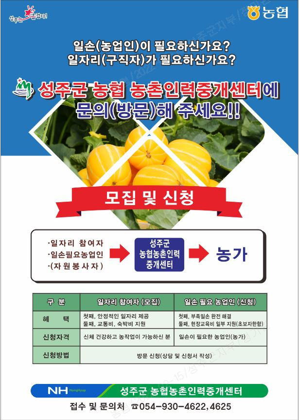 성주군과 농협 성주군지부는 농촌인력중개센터 운영을 통해 농촌인력 부족 해소에 공동 대응한다.