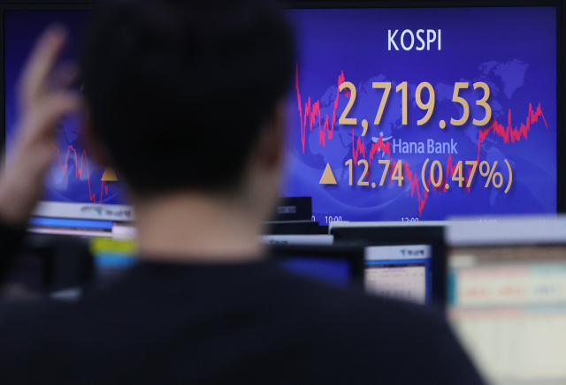 23일 명동 하나은행 본점 딜링룸 전광판에 코스피 종가가 표시돼 있다. 이날 코스피는 전날보다 12.74포인트 오른 2,719.53에 장을 마쳤다. 코스닥지수는 9.22포인트(1.06%) 오른 877.33에 마쳤다. 원/달러 환율은 0.9원 오른 1,193.6원에 마감했다. 연합뉴스