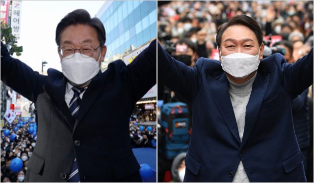더불어민주당 이재명 대선후보가 27일 부산시 부산진구 쥬대스태화 옆 하트조형물 앞에서 열린 