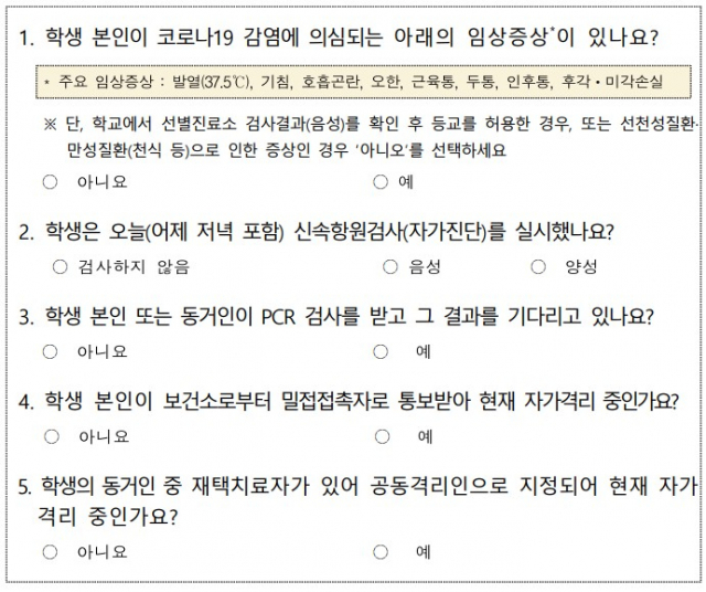 변경된 자가진단 항목(학생용). 교육부 제공