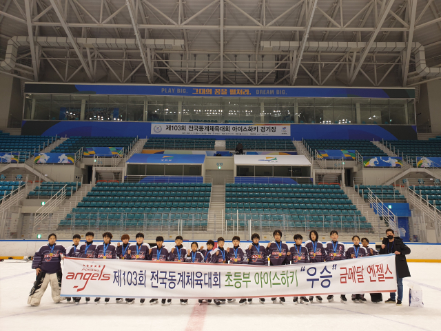 지난달 28일 막을 내린 제 103회 전국동계체육대회 아이스하키(초등부)에서 깜짝 금메달을 따낸 포항 엔젤스 아이스하키팀. 경북체육회 제공