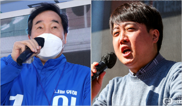 이낙연 더불어민주당 총괄선거대책위원장이 2일 오후 대구 남구 봉덕신시장을 찾아 백수범 대구 중구남구 보궐선거 후보 지지를 호소하고 있다. (사진 왼쪽)/ 이준석 국민의힘 당대표가 2일 오후 대구 중구 서문시장을 찾아 윤석열 대통령 후보 지지를 호소하고 있다. 안성완 기자 asw0727@imaeil.com