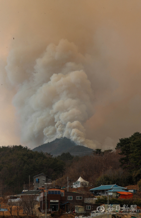 울진군 산불 발생 사흘째인 6일 울진읍 서편 마을 산지로 불길이 번지고 있는 가운데 소방헬기가 진화 작업을 하고 있다. 우태욱 기자 woo@imaeil.com