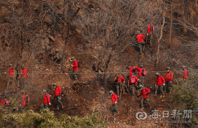 울진군 산불 발생 사흘째인 6일 울진읍 고성리 야산에서 군 장병들이 잔불 정리 작업을 하고 있다. 우태욱 기자 woo@imaeil.com