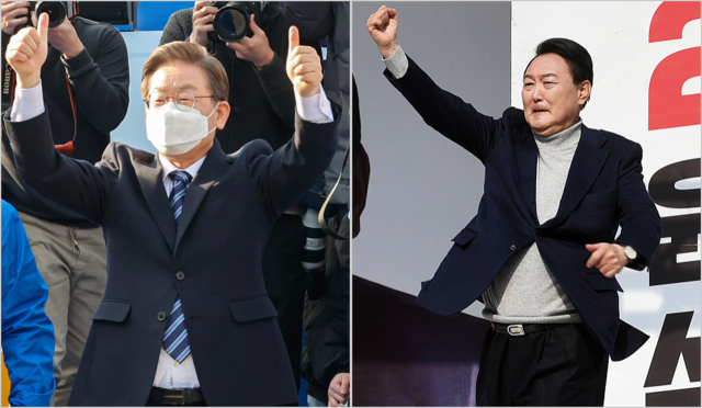더불어민주당 이재명 대선후보가 7일 오후 대구 달서구 두류공원에서 열린 집중유세에서 지지를 호소하고 있다. 김영진 기자(사진 왼쪽)/국민의힘 윤석열 대선 후보가 7일 오후 경기 시흥시 삼미시장 앞 유세 현장에서 지지를 호소하고 있다. 연합뉴스