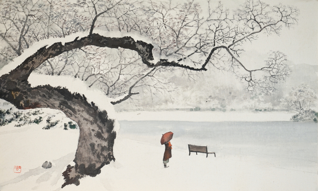 조홍근, 수성못에서, 광목, 수묵, acrylic, 43×70cm.