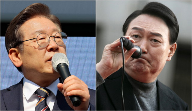 지난 20대 대선에서 부정적 투표 비율이 지난 선거보다 13%포인트나 높아진 것으로 나타났다. 사진은 더불어민주당 이재명 의원과 윤석열 대통령의 대선 당시 유세 모습. 연합뉴스