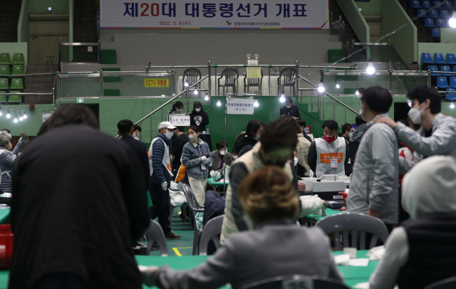 제20대 대통령 선거일인 9일 오후 경남 창원시 마산회원구 마산실내체육관에 마련된 개표소에서 개표가 진행되고 있다. 경남지역 투표율은 76.4％로 잠정 집계됐다. 연합뉴스