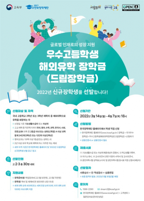 교육부와 한국장학재단은 2022학년도 우수고등학생 해외유학 장학금(드림장학금) 신규 장학생을 모두 30명 규모로 선발할 예정이라고 15일 밝혔다. 한국장학재단 제공