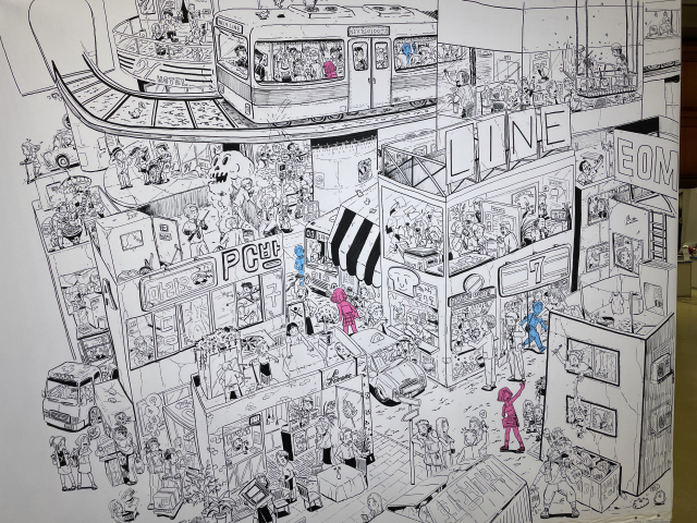 엄수근, 일상 속의 인연1, 2021, acrylic pen on canvas, 70x50cm.