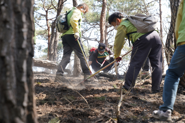 지난 11일 경북도교육청 직원들이 울진 산불 현장을 방문해 진화 작업을 벌이고 있다. 경북교육청 제공