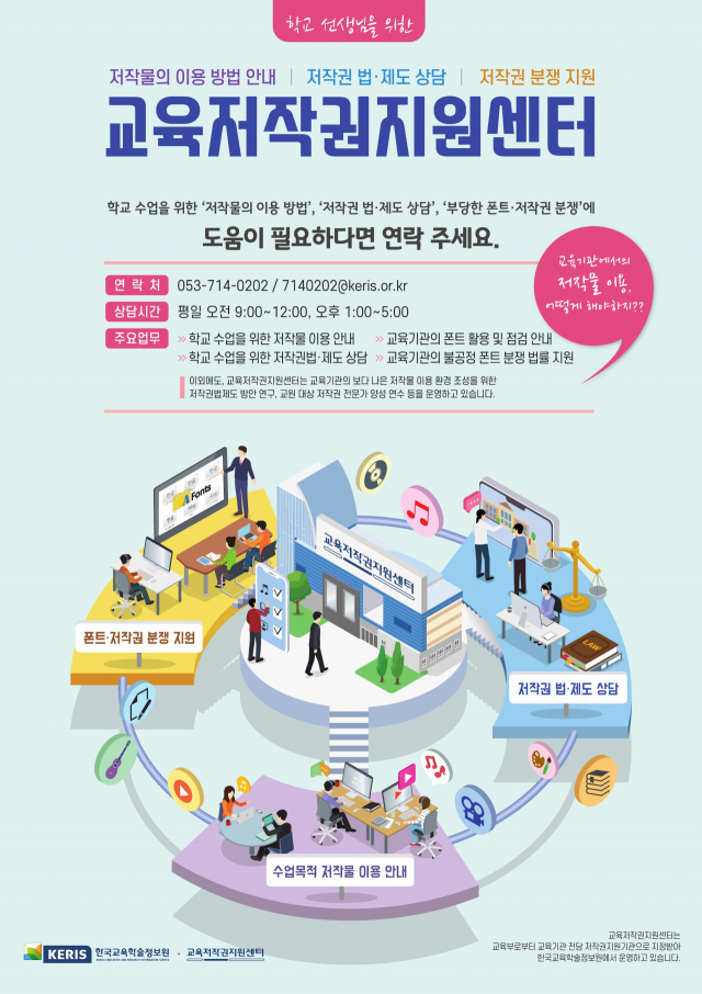 코로나19 상황 속 원격수업 확대가 저작물 이용 증가로 이어져 학교 현장에서 저작권 관련 분쟁이 지속되는 가운데, KERIS 교육저작권지원센터가 관련 예방 사업 강화에 나섰다. KERIS 제공