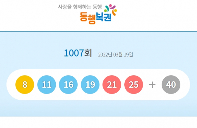 1007회 로또 1등 당첨번호 8, 11, 16, 19, 21, 25