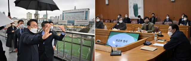 윤석열 대통령 당선인이 19일 청와대 이전 후보지인 용산 국방부 청사(왼쪽)와 광화문 외교부 청사를 직접 답사하고 있다. 당선인 비서실 등에 따르면 윤 당선인은 이날 오전 김한길 국민통합위원장, 김병준 지역균형발전특별위원장, 국민의힘 김기현 원내대표 등과 답사에 나섰다. 연합뉴스