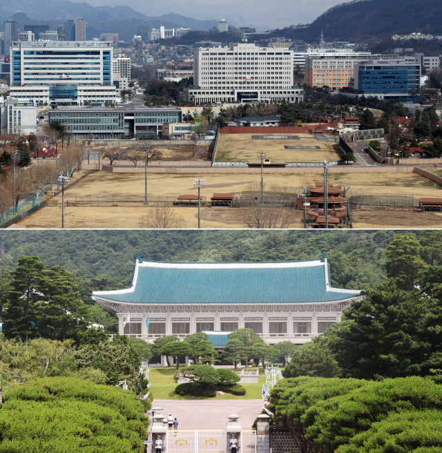 윤석열 대통령 당선인이 20일 대통령실의 용산 이전을 공식화하면서 70년 넘게 권력의 정점 바로 옆에서 그 명멸을 지켜봐 온 청와대도 역사 속으로 사라지게 됐다. 그동안의 대통령의 권위를 상징하는 건물이었던 청와대를 이제는 자유롭게 사용할 수 있는 공원으로 바꿔 시민들의 품으로 돌려주겠다는 것이 윤 당선인의 구상이다. 사진은 20일 대통령 집무실로 사용될 용산 국방부 청사 모습과 청와대 자료 사진. 연합뉴스