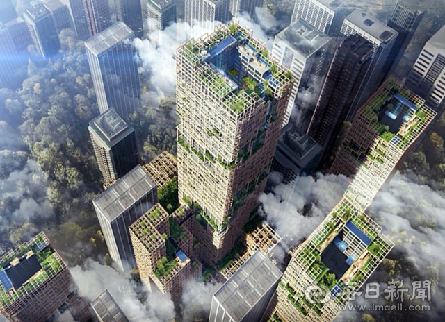 일본 목조주택 건축업체 스미토모임업이 2041년까지 도쿄에 건설 예정인 높이 350m, 지상 70층의 초고층 목조빌딩 조감도. 사진=스미토모 임업