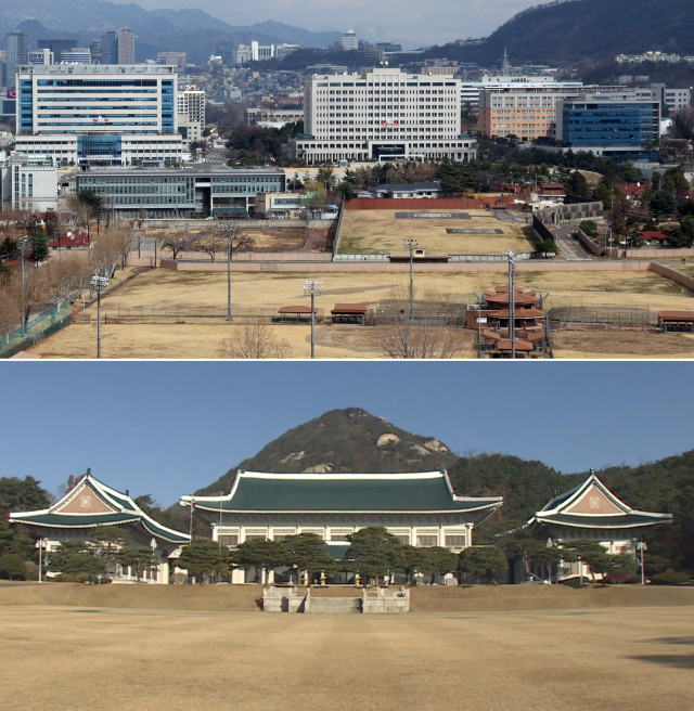 윤석열 대통령 당선인이 20일 대통령실의 용산 이전을 공식화했다. 사진은 윤 당선인이 대통령 집무실로 사용하겠다고 밝힌 용산 국방부 청사(위)와 청와대(아래). 연합뉴스