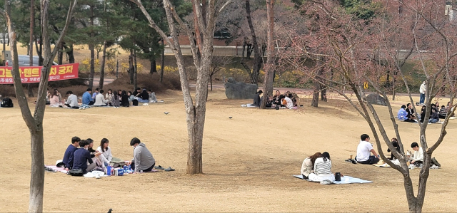 25일 경북대학교 센트럴파크에 학생들이 삼삼오오 모여 이야기를 나누고 있다. 심헌재 기자