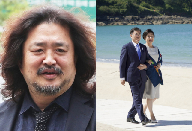 방송인 김어준(왼쪽), 문재인 대통령, 문재인 대통령 부인 김정숙 여사. 연합뉴스